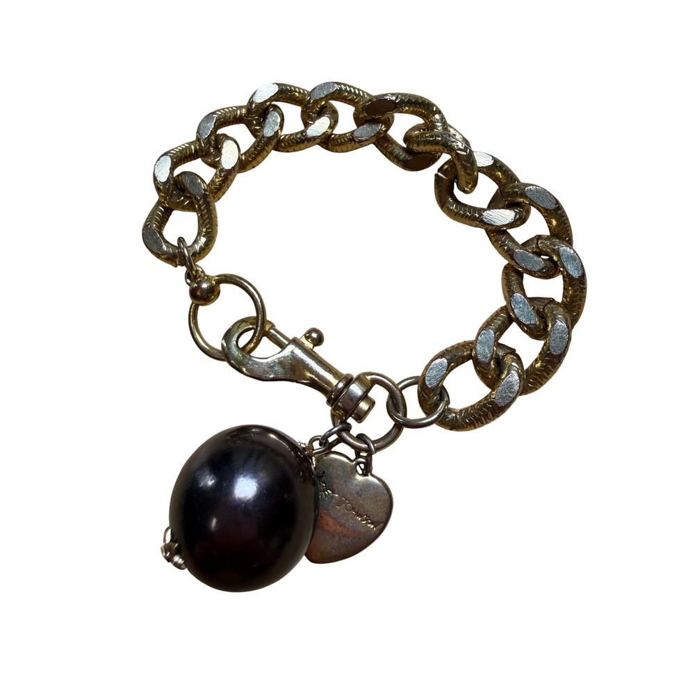 Betsey Johnson Gold Dark Purple Pearl Heart Charm Chunky Curb Chain Bracelet 80s